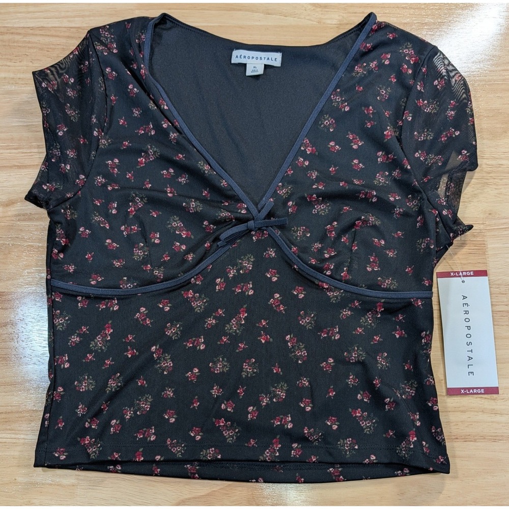 Aeropostale Womens XL Black Floral Mesh V-Neck Crop Top NWT Cap Sleeve Detail
